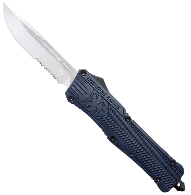 Picture of  Cobratec Knives Lnyctk1lds Ctk-1  Large 3.75" Otf Drop Point Part Serrated D2 Steel Blade/ Nypd Blue Aluminum Handle Features Glass Breaker Includes Pocket Clip