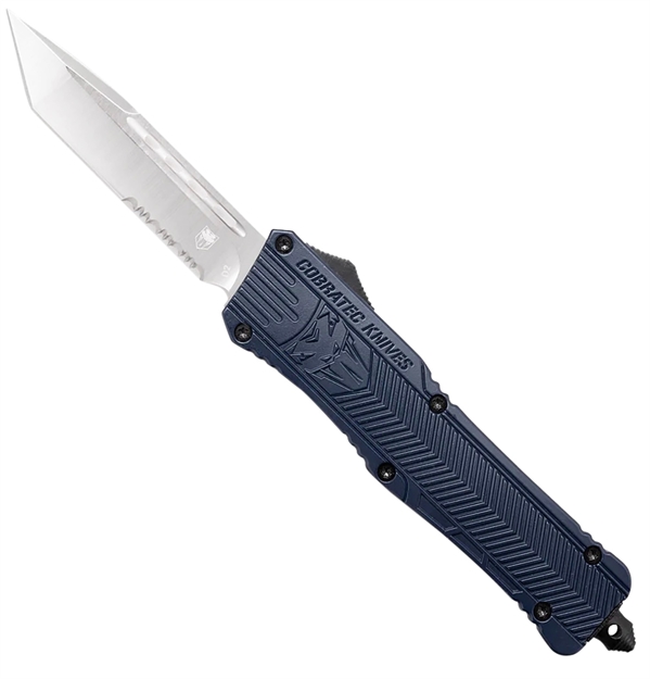 Picture of  Cobratec Knives Lnyctk1lts Ctk-1  Large 3.75" Otf Tanto Part Serrated D2 Steel Blade/Nypd Blue Aluminum Handle Features Glass Breaker Includes Pocket Clip