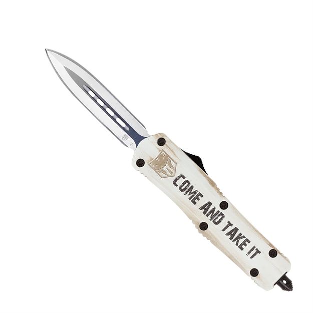 Picture of Cobratec Knives Mcatifs3dagns Fs-3 Come And Take IT Medium 3" Otf Dagger Plain D2 Steel Blade White W/"Come And Take It" Aluminum Cerakoted Handle Features Glass Breaker Includes Pocket Clip MCATIFS-3DAGNS 099654040548
