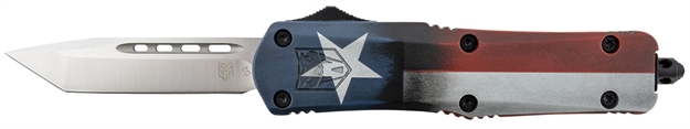 Picture of  Cobratec Knives Mctxfs3tns Fs-3 Texas Flag Medium 3" Otf Tanto Plain Satin D2 Steel Blade, 5" Texas Flag Aluminum Cerakoted Handle 099654042108