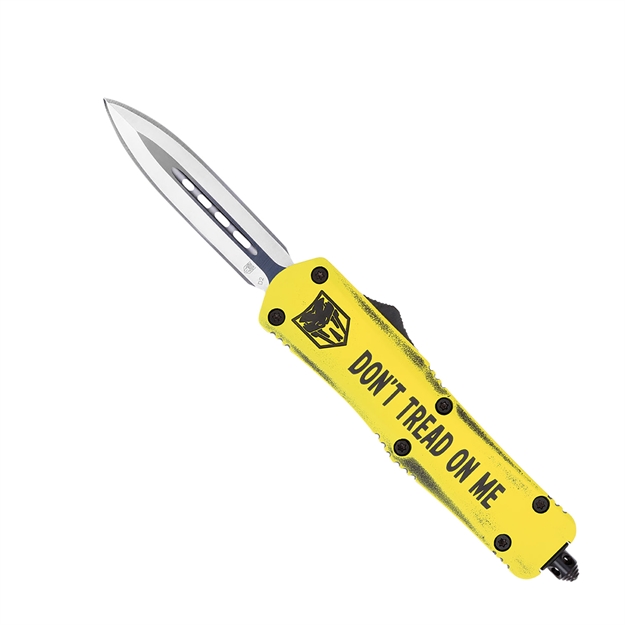 Picture of Cobratec Knives Mdtomfs3dagns Fs-3 Don't Tread ON ME Medium 3" Otf Dagger Plain D2 Steel Blade Yellow W/"Don't Tread ON Me" Aluminum Cerakoted Handle Features Glass Breaker Includes Pocket Clip MDTOMFS-3DAGNS
