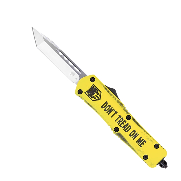 Picture of Cobratec Knives Mdtomfs3tns Fs-3 Don't Tread ON ME Medium 3" Otf Tanto Plain D2 Steel Blade Yellow W/"Don't Tread ON Me" Aluminum Cerakoted Handle Features Glass Breaker Includes Pocket Clip MDTOMFS-3TNS