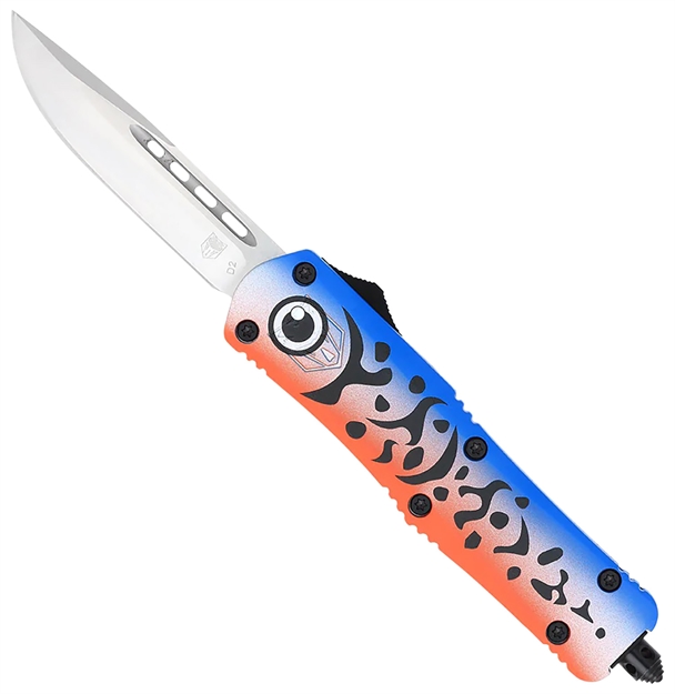 Picture of  Cobratec Knives Mflblufs3dns Fs-3 Blue Lure Medium 3" Otf Drop Point Plain Satin D2 Steel Blade, 4.50" Blue Fishing Lure Aluminum Cerakoted Handle