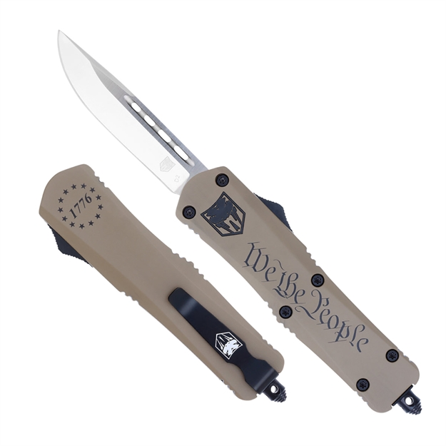 Picture of Cobratec Knives Mwtpfs3dns Fs-3 WE The People Medium 3" Otf Drop Point Plain D2 Steel Blade Tan W/"We The People" Aluminum Cerakoted Handle Features Glass Breaker Includes Pocket Clip MWTPFS-3DNS 009654039795