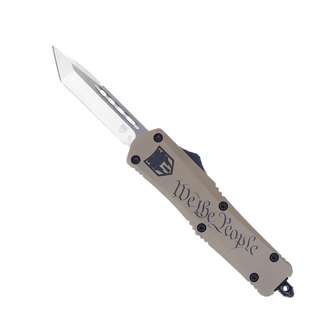 Picture of Cobratec Knives Mwtpfs3tns Fs-3 WE The People Medium 3" Otf Tanto Plain D2 Steel Blade Tan W/"We The People" Aluminum Cerakoted Handle Features Glass Breaker Includes Pocket Clip MWTPFS-3TNS 099654039818