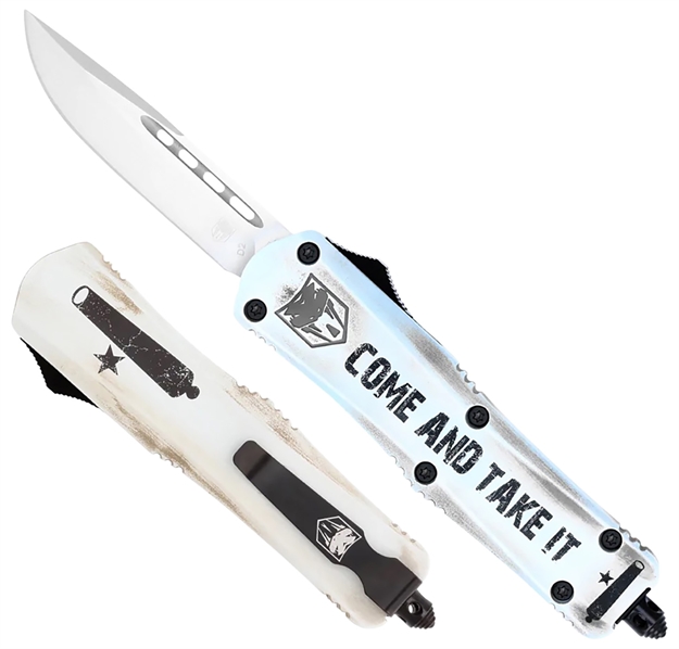 Picture of  Cobratec Knives Scatifs3dns Fs-3 Come And Take IT Small 3" Otf Drop Point Plain D2 Steel Blade 4.50" White "Come And Take It" Aluminum Cerakoted Handle Includes Glass Breaker/Pocket Clip