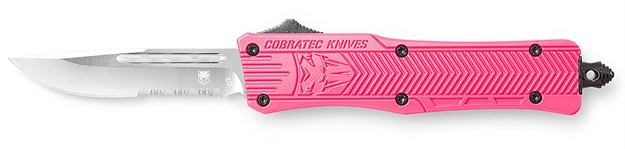 Picture of  Cobratec Knives Spkctk1sds Ctk-1  Small 2.75" Otf Drop Point Part Serrated D2 Steel Blade/ Pink Aluminum Handle Features Glass Breaker Includes Pocket Clip 099654022735