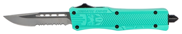 Picture of  Cobratec Knives Stfctk1sds Ctk-1  Small 2.75" Otf Drop Point Part Serrated D2 Steel Blade/ Tiffany Blue Aluminum Handle Features Glass Breaker Includes Pocket Clip