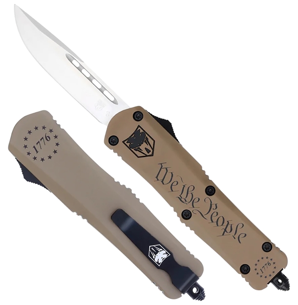 Picture of  Cobratec Knives Swtpfs3dns Fs-3 WE The People Small 2.75" Otf Drop Point Plain Aluminum Cerakoted D2 Steel Blade, Tan "We The People" Aluminum Handle