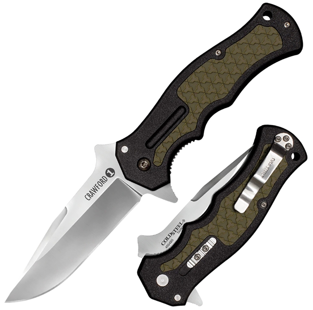 Picture of  Cold Steel Cs20mwc Crawford 1 3.50" Folding Plain 4034 Stainless Steel Blade/Black W/Od Green Traction Inlays Grn Handle Includes Pocket Clip