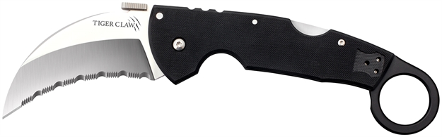 Picture of  Cold Steel Cs22kfs Tiger Claw  3.50" Folding Hawkbill Serrated Stonewashed American S35vn Blade/6" Matte Black W/Ring G10 Handle Includes Belt Clip