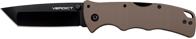 Picture of Cold Steel Csflc3t10afde Verdict  3" Folding Tanto Plain Black Matte Aus-10A SS Blade/Brown G10 Handle Includes Belt Clip CS-FL-C3T10AFDE 888151038024