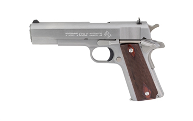 Picture of Colt Mfg O1911css 1911 Government 45 Acp 7+1 5" Stainless National Match Barrel, Serrated Stainless Steel Slide, Stainless Steel Frame W/Beavertail, Rosewood Grip, Right Hand O1911C-SS 098289112224