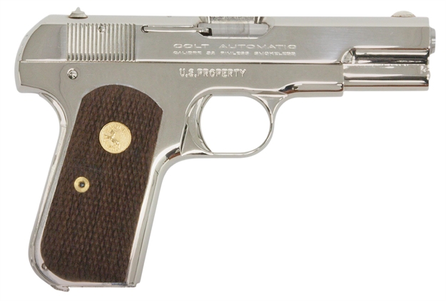Picture of Colt BY US Armament 1903N 1903 Hammerless 
32 Automatic Colt Pistol (Acp) Single 3.75" 8+1 Walnut Grip Nickel Slide