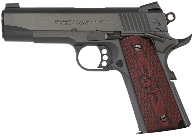 Picture of  Colt Mfg O4943xe Commander Combat 38 Super 9+1 4.25" Stainless Steel Barrel, Blued Serrated Carbon Steel Slide, Blued Steel Frame, Black Cherry G10 Grip