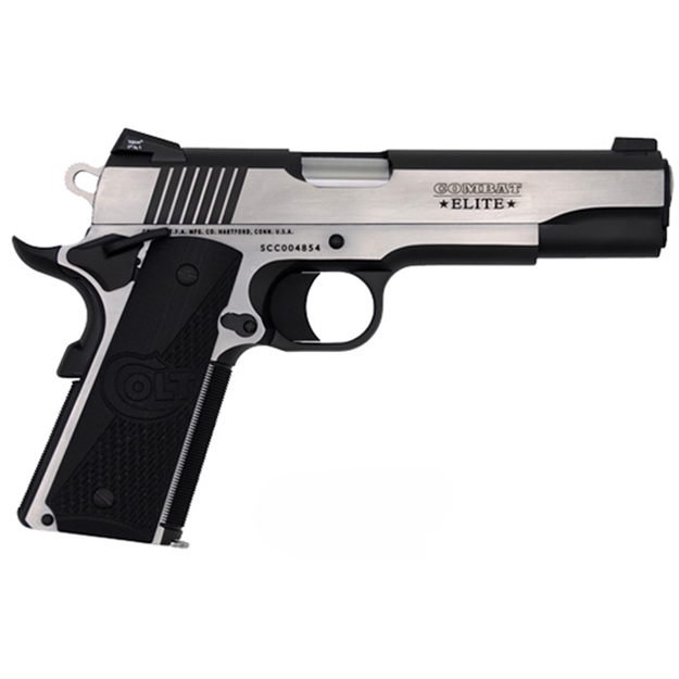 Picture of  Colt Mfg O1072ce 1911 Combat Elite Government 9Mm Luger 5" 9+1 Overall Two-Tone Elite Finish Stainless Steel Frame & Slide With Half Checkered & Scalloped Black G10 Grip & Night Sights