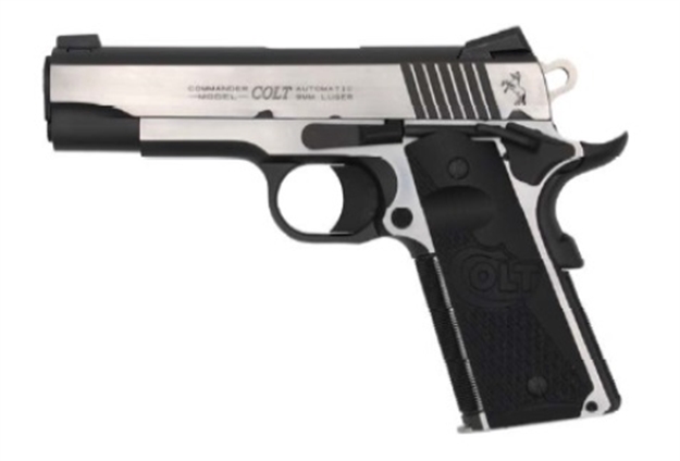 Picture of  Colt Mfg O4082ce Combat Elite Commander 9Mm Luger 8+1 4.25" Stainless Steel Barrel, Two-Tone Serrated Stainless Steel Slide & Frame W/Beavertail, Black Scalloped G10 Grip, Ambidextrous 098289111937