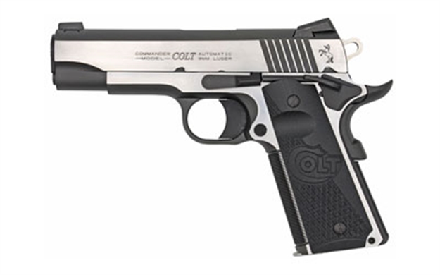 Picture of  Colt Mfg O4080ce Combat Elite Commander 45 Acp 8+1 4.25" Stainless Steel Barrel, Two-Tone Serrated Stainless Steel Slide & Frame W/Beavertail, Black Scalloped G10 Grip, Ambidextrous 098289111906