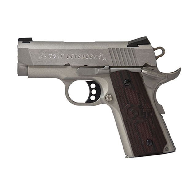 Picture of  Colt Mfg O7000xe Defender  Compact 45 Acp 7+1 3" Steel Barrel, Stainless Serrated Slide, Matte Stainless Aluminum Frame W/Beavertail, Black Cherry Tactical G10 Grips, Ambidextrous