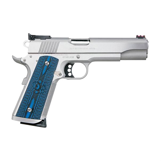 Picture of  Colt Mfg O5072xe Gold Cup Trophy 9Mm Luger 9+1 5" Steel Barrel,  Stainless Steel Serrated Slide & Frame W/Beavertail, Competition Blue G10 Grips, Ambidextrous