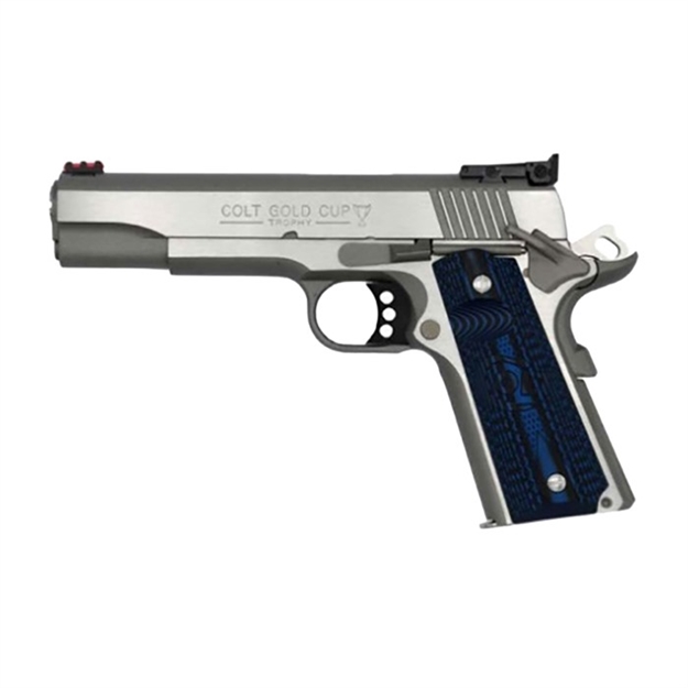 Picture of  Colt Mfg O5073gcl Gold Cup Lite  38 Super 8+1 5" Stainless National Match Barrel, Stainless Steel Serrated Slide, Stainless Steel Frame W/Beavertail, Blue Scalloped G10 Grip, Ambidextrous 098289111982