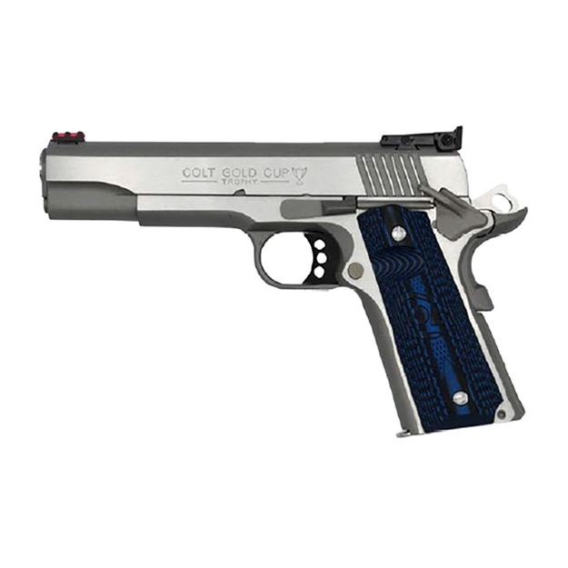 Picture of  Colt Mfg O5070gcl Gold Cup Lite  45 Acp 8+1 5" Stainless National Match Barrel, Stainless Steel Serrated Slide, Stainless Steel Frame W/Beavertail, Blue Scalloped G10 Grip, Ambidextrous
