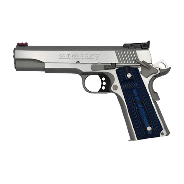 Picture of  Colt Mfg O5072gcl Gold Cup Lite  9Mm Luger 8+1 5" Stainless National Match Barrel, Stainless Steel Serrated Slide, Stainless Steel Frame W/Beavertail, Blue Scalloped G10 Grip, Ambidextrous
