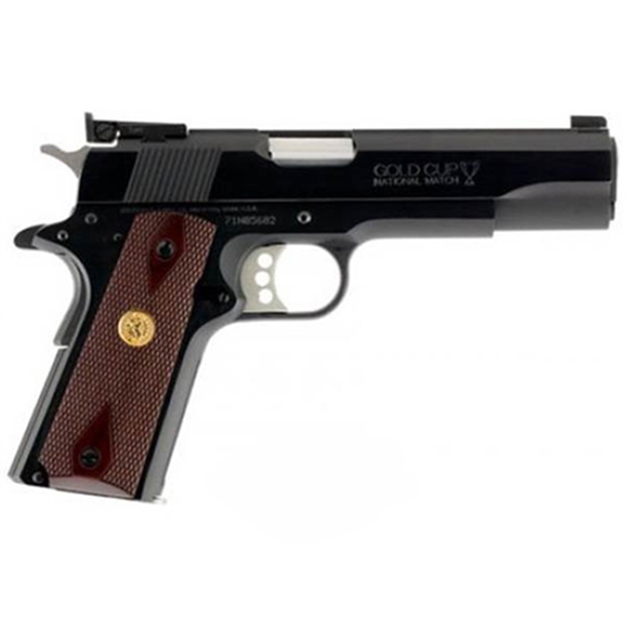 Picture of  Colt Mfg O5873a1 1911 Gold Cup 38 Super Caliber With 5" National Match Barrel, 9+1 Capacity, Overall Blued Finish Steel, Serrated Slide & Double Diamond Checkered Rosewood Grip 098289112255