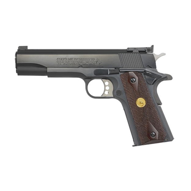 Picture of  Colt Mfg O5870a1 Gold Cup Natonal Match 45 Acp 8+1 5" Stainless National Match Barrel, Blued Serrated Carbon Steel Slide & Frame W/Beavertail, Walnut W/Integrated Gold Medallion Grip, Ambidextrous 098289042927