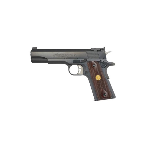 Picture of  Colt Mfg O5870a1 Gold Cup Natonal Match 45 Acp 8+1 5" Stainless National Match Barrel, Blued Serrated Carbon Steel Slide & Frame W/Beavertail, Walnut W/Integrated Gold Medallion Grip, Ambidextrous