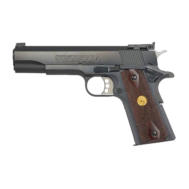 Picture of  Colt Mfg O5872a1 Gold Cup National Match 9Mm Luger 9+1, 5" Stainless National Match Barrel, Blued Serrated Carbon Steel Slide & Frame W/Beavertail, Walnut Grip, Ambidextrous