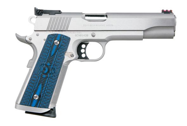 Picture of  Colt Mfg O5073xe Gold Cup Trophy 38 Super 9+1 5" Stainless National Match Barrel, Stainless Steel Serrated Slide & Frame W/Beavertail, Blue Scalloped G10 Grip, Ambidextrous