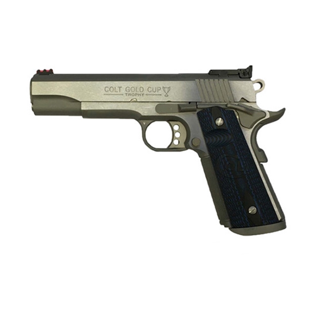 Picture of  Colt Mfg O5072xe Gold Cup Trophy 9Mm Luger 9+1 5" Steel Barrel,  Stainless Steel Serrated Slide & Frame W/Beavertail, Competition Blue G10 Grips, Ambidextrous 098289111227