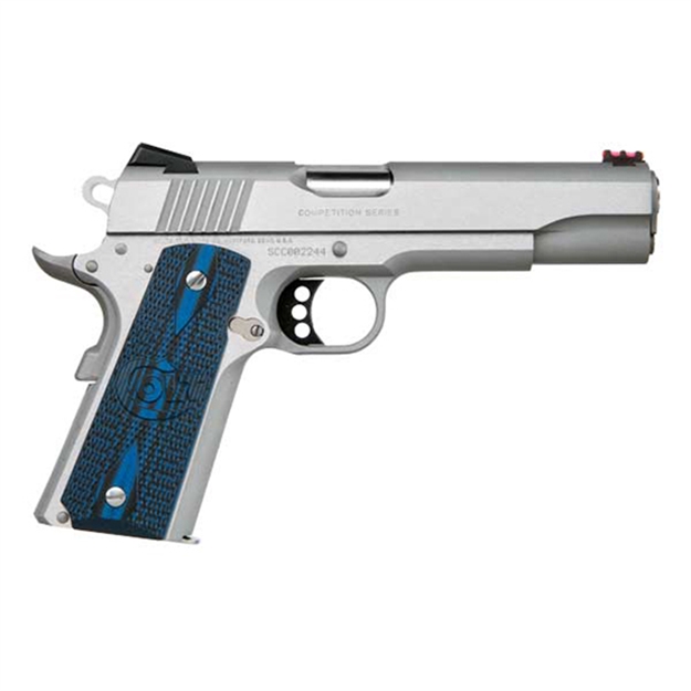 Picture of  Colt Mfg O1072ccs Competition Government 9Mm Luger 9+1 5" Stainless National Match Barrel, Stainless Steel Serrated Slide & Frame W/Beavertail, Checkered Blue G10 Grip, Ambidextrous 098289111456