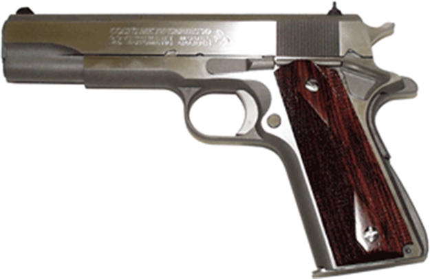 Picture of  Colt Mfg O1070a1cs 1911 Government 45 Acp 8+1 5" Stainless National Match Barrel, Brushed Stainless Serrated Slide & Frame W/Beavertail, Double Diamond Checkered Wood Grip