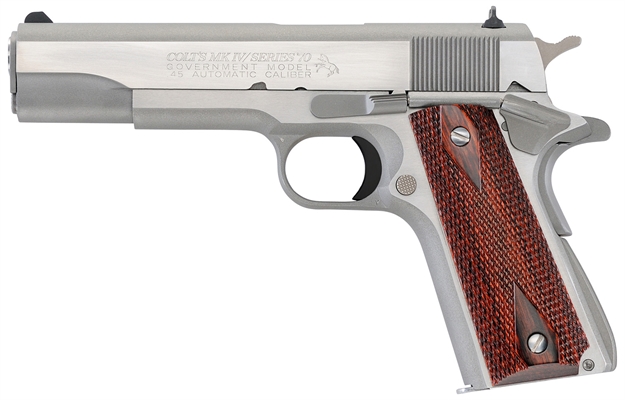 Picture of  Colt Mfg O1070a1cs 1911 Government 45 Acp 8+1 5" Stainless National Match Barrel, Brushed Stainless Serrated Slide & Frame W/Beavertail, Double Diamond Checkered Wood Grip 098289041654
