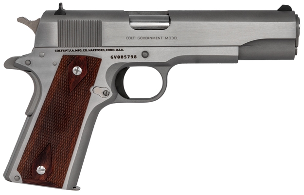 Picture of Colt Mfg O1911css 1911 Government 45 Acp 7+1 5" Stainless National Match Barrel, Serrated Stainless Steel Slide, Stainless Steel Frame W/Beavertail, Rosewood Grip, Right Hand O1911C-SS 098289112224