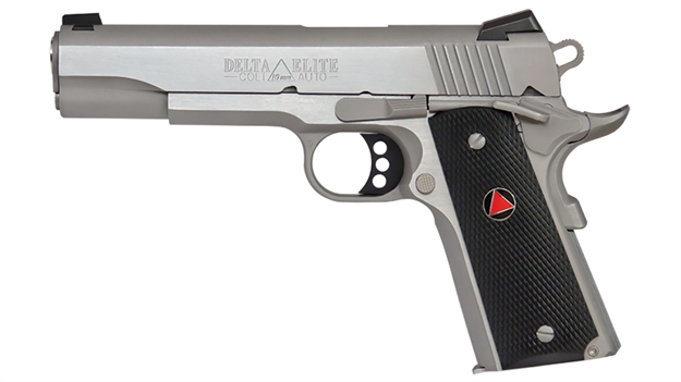 Picture of  Colt Mfg O2020xe Delta Elite Government 10Mm Auto 8+1 5" Steel Barrel, Stainless Steel Serrated Slide & Frame W/Beavertail, Black Polymer W/Delta Medallions Grips, Ambidextrous