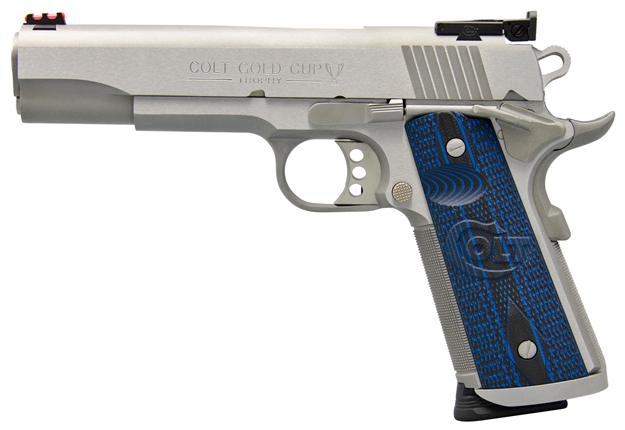 Picture of  Colt Mfg O5070xe Gold Cup Trophy 45 Acp 8+1 5" Steel Barrel,  Stainless Steel Serrated Slide & Frame W/Beavertail, Competition Blue G10 Grips, Right Hand