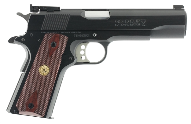 Picture of  Colt Mfg O5870a1 Gold Cup Natonal Match 45 Acp 8+1 5" Stainless National Match Barrel, Blued Serrated Carbon Steel Slide & Frame W/Beavertail, Walnut W/Integrated Gold Medallion Grip, Ambidextrous