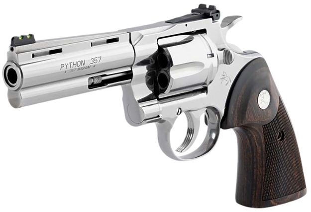 Picture of  Colt Mfg Pythonsp4wftg Python Target 357 Mag/38 Special 6 Shot 4.25" Polished Stainless Steel Recessed Target Vent Rib Barrel, Cylinder & Frame, Walnut W/Medallion Grip, Exposed Hammer 098289003430