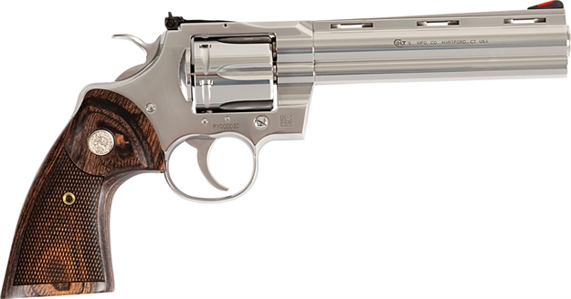 Picture of  Colt Mfg Pythonsp6wftg Python Target 357 Mag 38 Special 6 Shot 6" Stainless Recessed Target Vent Rib Barrel, Cylinder & Frame, Walnut W/Medallion Grip, Exposed Hammer