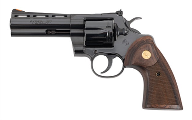 Picture of Colt Mfg Pythonbp4wts Python Target 357 Mag/38 Special 6 Shot 4.25" Matte Black Carbon Steel Recessed Target Vent Rib Barrel, Cylinder & Frame, Walnut W/Medallion Grip, Exposed Hammer PYTHON-BP4WTS 098289003461
