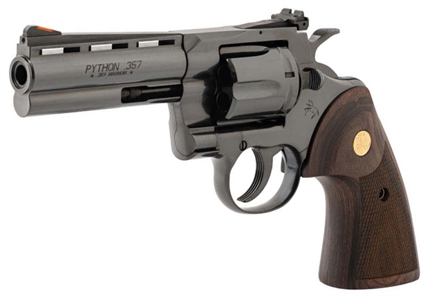 Picture of Colt Mfg Pythonbp4wts Python Target 357 Mag/38 Special 6 Shot 4.25" Matte Black Carbon Steel Recessed Target Vent Rib Barrel, Cylinder & Frame, Walnut W/Medallion Grip, Exposed Hammer PYTHON-BP4WTS 098289003461