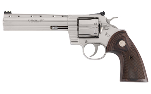 Picture of  Colt Mfg Pythonsp6wftg Python Target 357 Mag 38 Special 6 Shot 6" Stainless Recessed Target Vent Rib Barrel, Cylinder & Frame, Walnut W/Medallion Grip, Exposed Hammer