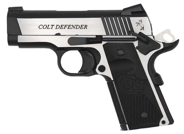 Picture of  Colt Mfg O7082ce Combat Elite Commander Compact Frame 9Mm Luger 8+1, 3" Stainless Steel Barrel, Two-Tone Serrated Stainless Steel Slide & Frame W/Beavertail, Black Scalloped G10 Grip, Ambidextrous