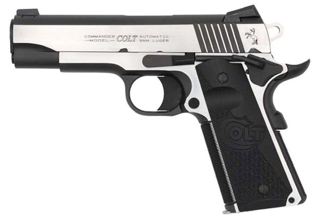 Picture of  Colt Mfg O4082ce Combat Elite Commander 9Mm Luger 8+1 4.25" Stainless Steel Barrel, Two-Tone Serrated Stainless Steel Slide & Frame W/Beavertail, Black Scalloped G10 Grip, Ambidextrous 098289111937