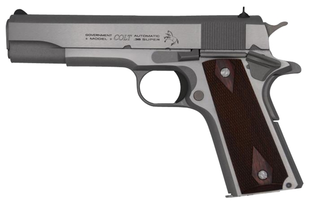 Picture of Colt Mfg O1911css38 1911 Government 38 Super 9+1 5" Stainless National Match Barrel, Serrated Stainless Steel Slide & Frame W/Beavertail, Diamond Checkered Rosewood O1911C-SS38 098289112248