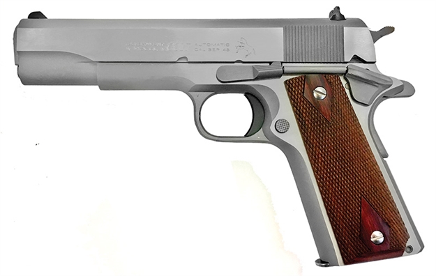 Picture of Colt Mfg O1911css 1911 Government 45 Acp 7+1 5" Stainless National Match Barrel, Serrated Stainless Steel Slide, Stainless Steel Frame W/Beavertail, Rosewood Grip, Right Hand O1911C-SS