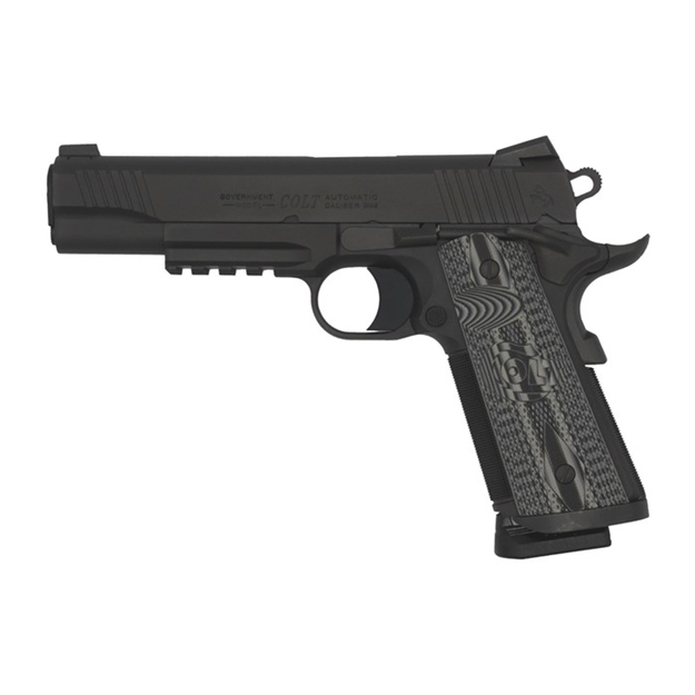 Picture of  Colt Mfg O1082rgccu Ccu Rail Government 9Mm Luger 9+1 5" National Match Barrel, Matte Black Dlc Serrated Stainless Steel Slide & Frame W/Picatinny Rail, Black Scalloped G10 Grip, Ambidextrous